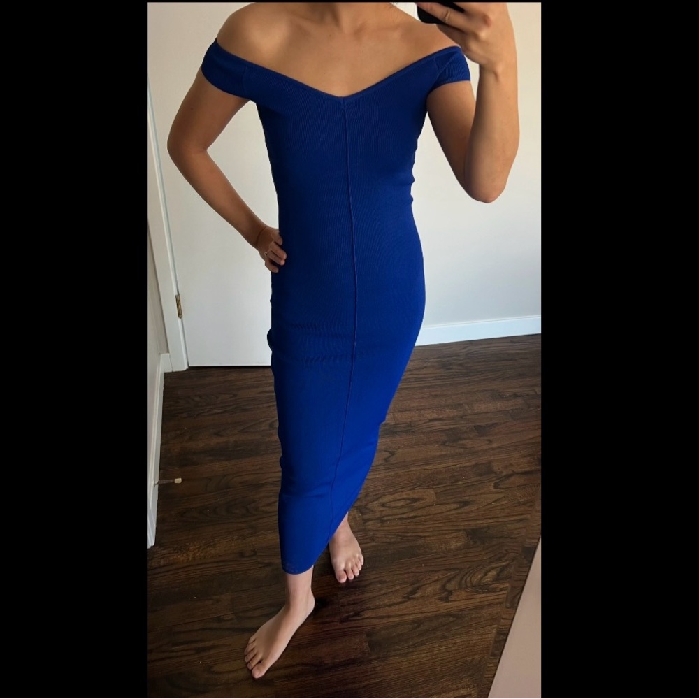 Blue Off-shoulder Knit Midi Dress